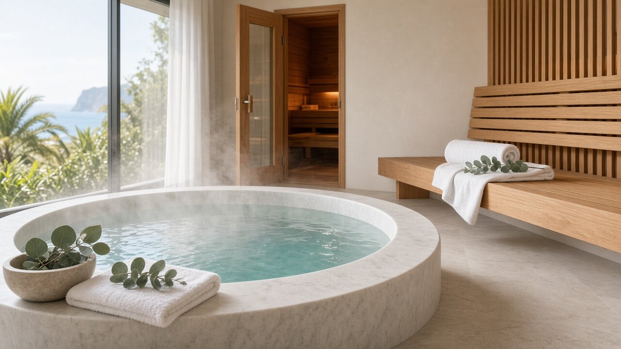 Spa de hotel con jacuzzi, sauna y toallas, luz suave y ambiente calmado