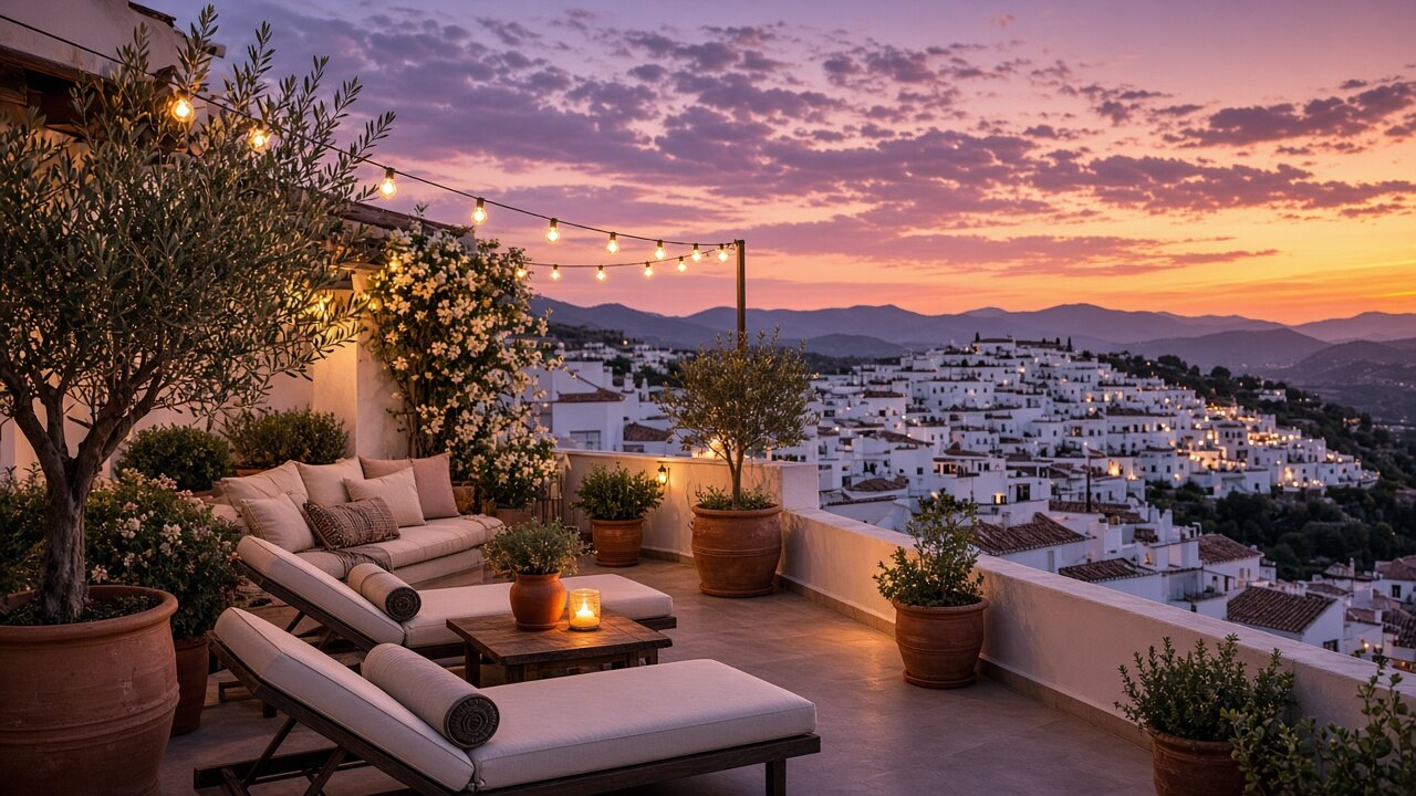 Terraza de hotel al anochecer con lounge y vistas al pueblo blanco