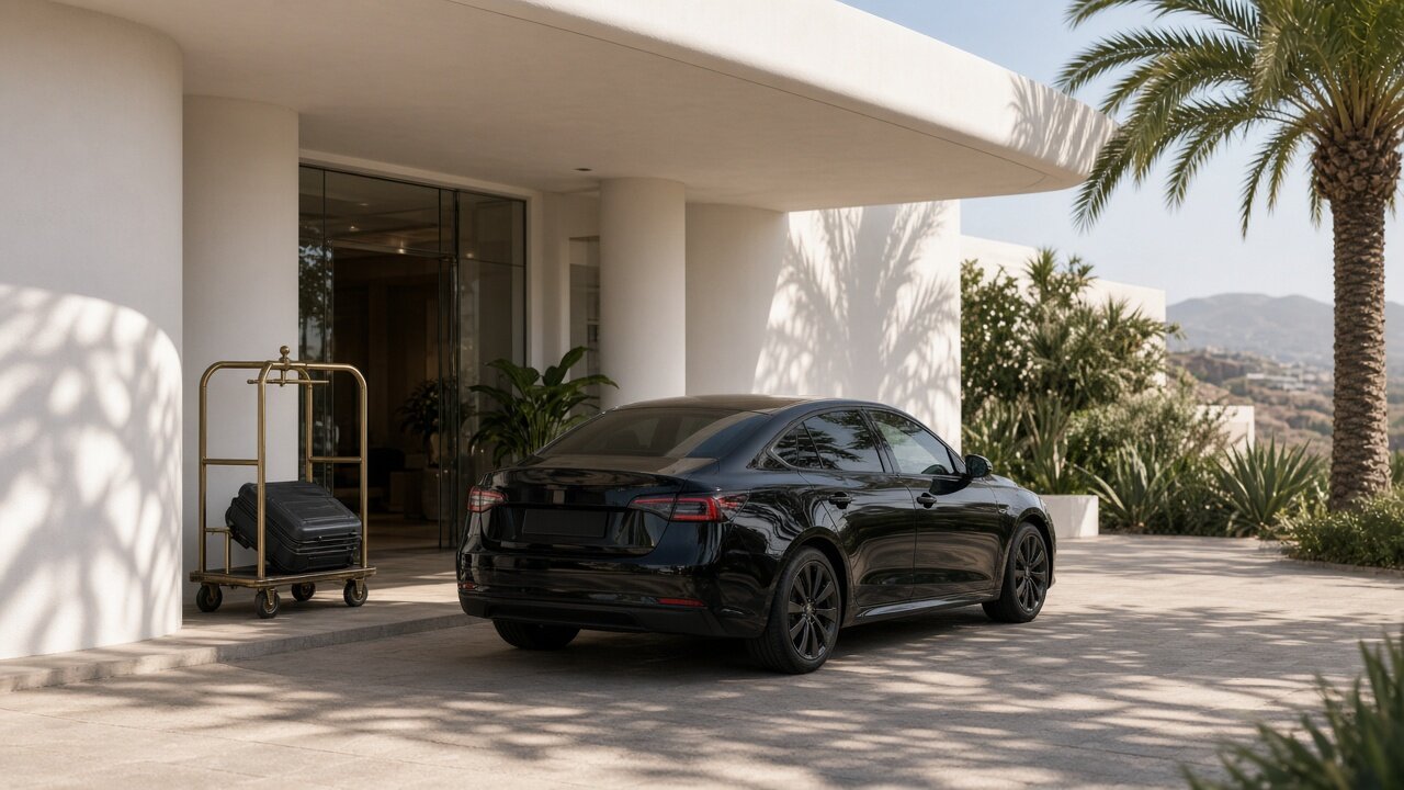 Coche eléctrico de cortesía frente a la entrada de un hotel boutique