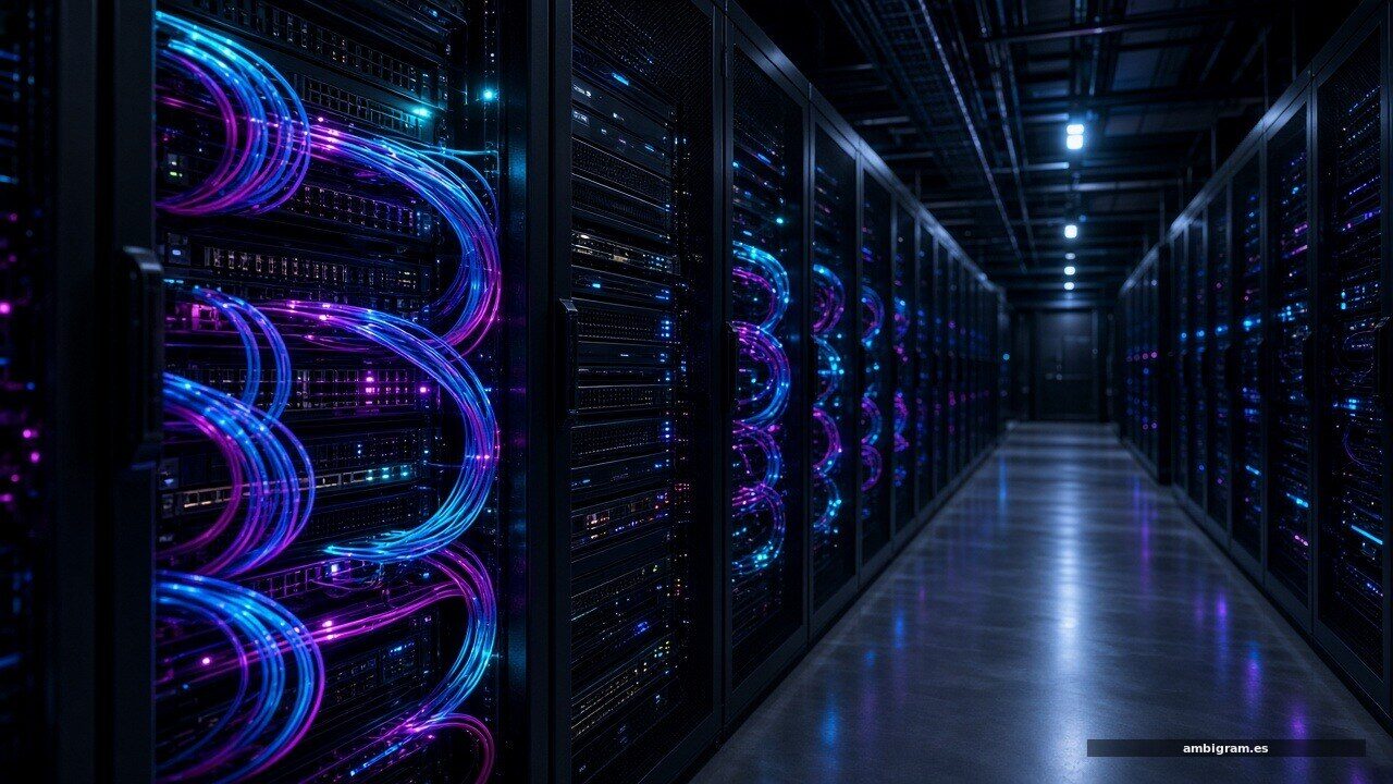 Pasillo de centro de datos con racks de GPUs y cables de fibra iluminados