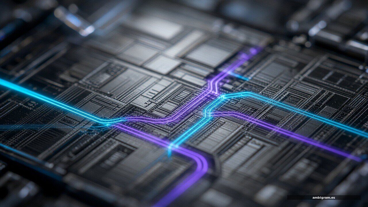 Primer plano de un chip de silicio con caminos de luz fotónica en cian y violeta