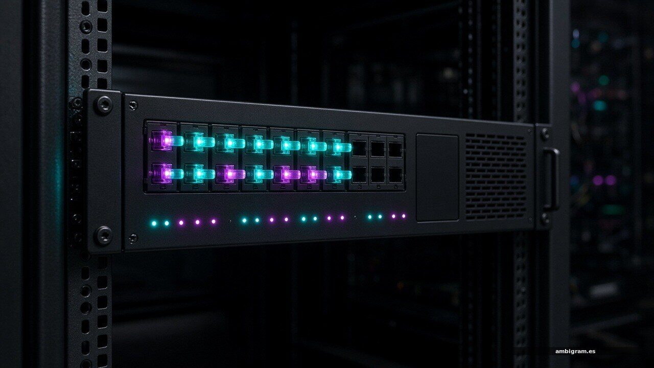 Conmutador óptico montado en un rack de servidores con luces de estado