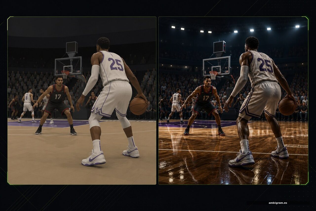 Comparativa visual de una misma escena de baloncesto con y sin renderizado neural