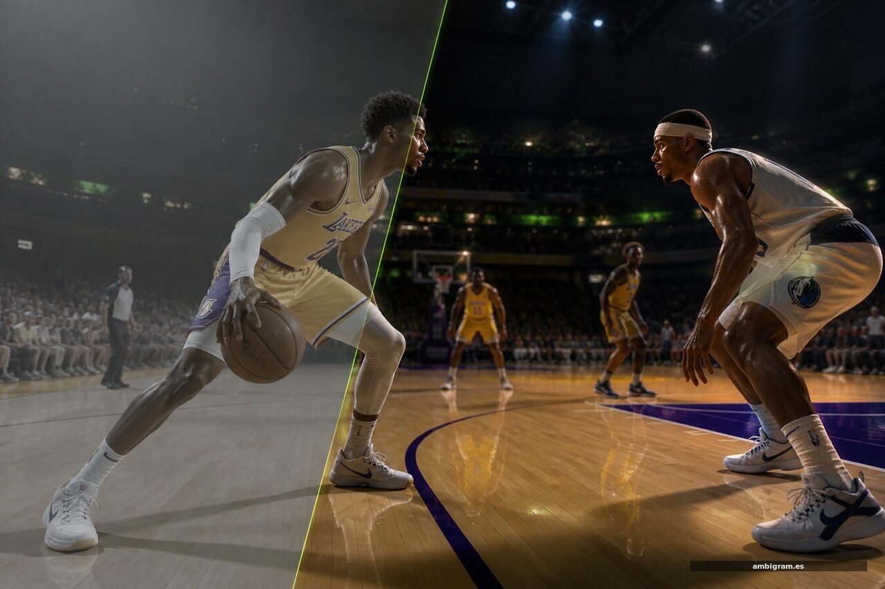Partido de baloncesto en un videojuego con iluminación cinematográfica mejorada por IA