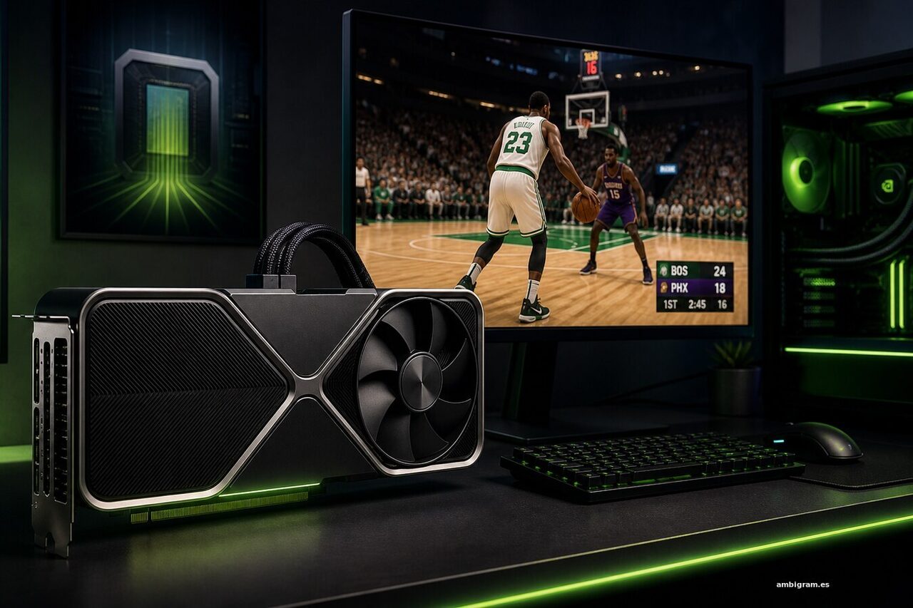 Tarjeta gráfica moderna conectada a un monitor que muestra un videojuego de baloncesto