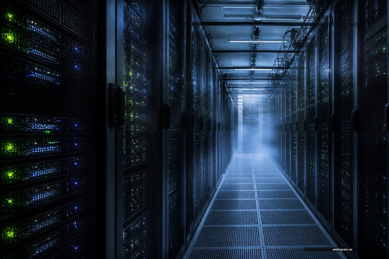 Pasillo de un centro de datos con racks de servidores iluminados