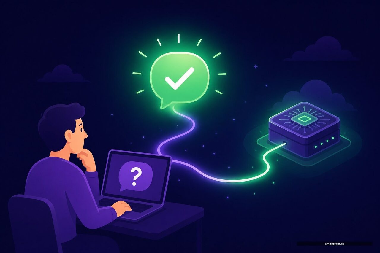 Ilustración: una persona pregunta en el portátil y recibe una respuesta rápida conectada a un chip lejano