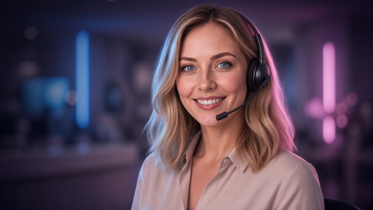 Recepcionista virtual de Ambigram con auricular monoaural, sonrisa amable