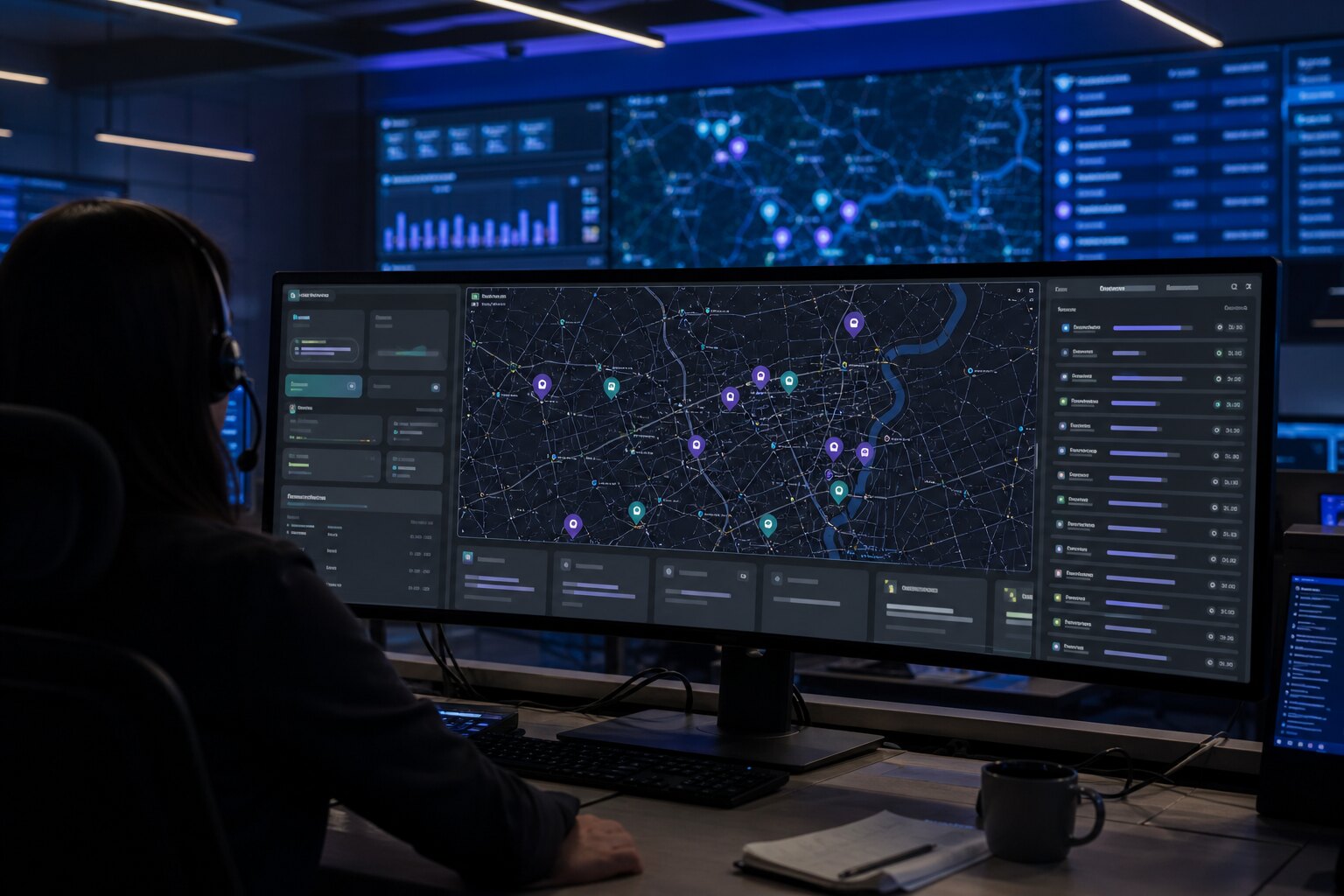 Panel de operaciones con mapa e indicadores
