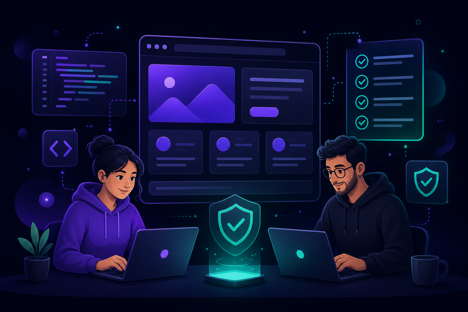 Equipo construyendo con revisión de calidad