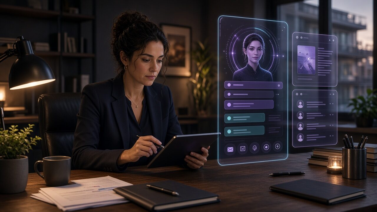 Profesional en oficina trabajando con un asistente de inteligencia artificial en tablet y documentos