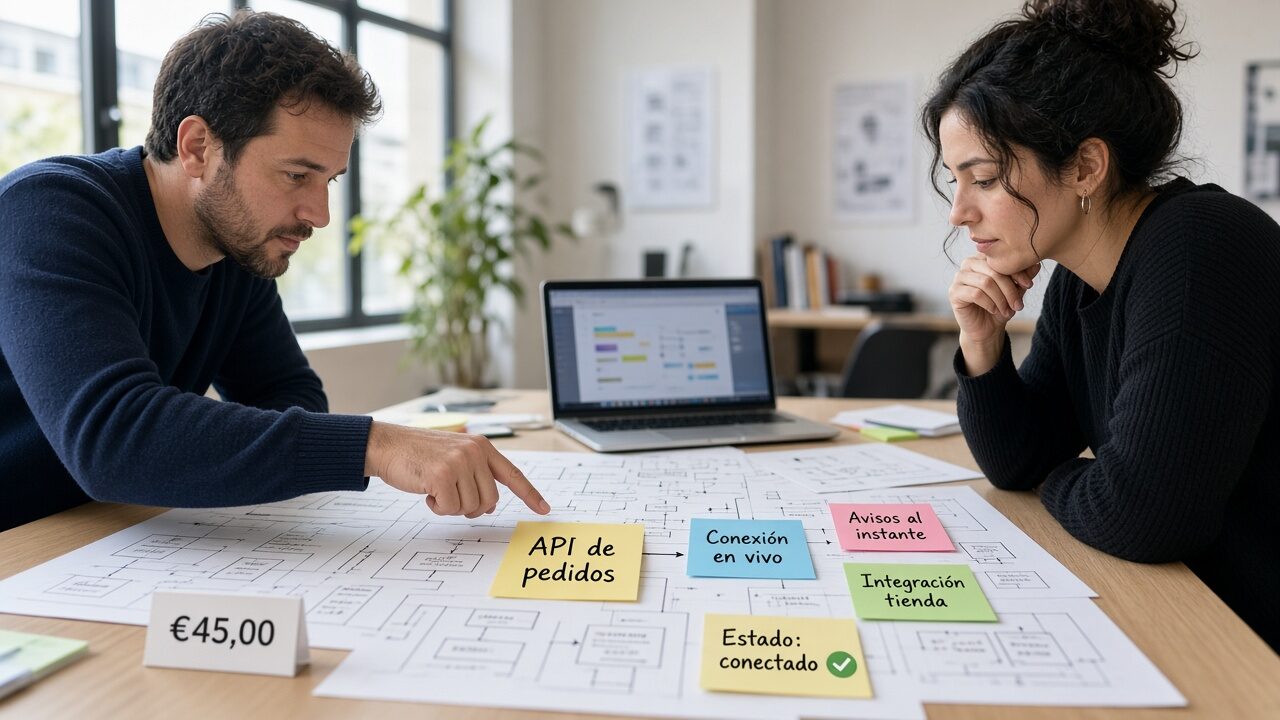 Equipo revisando planos de integración API y notas de conexión en vivo