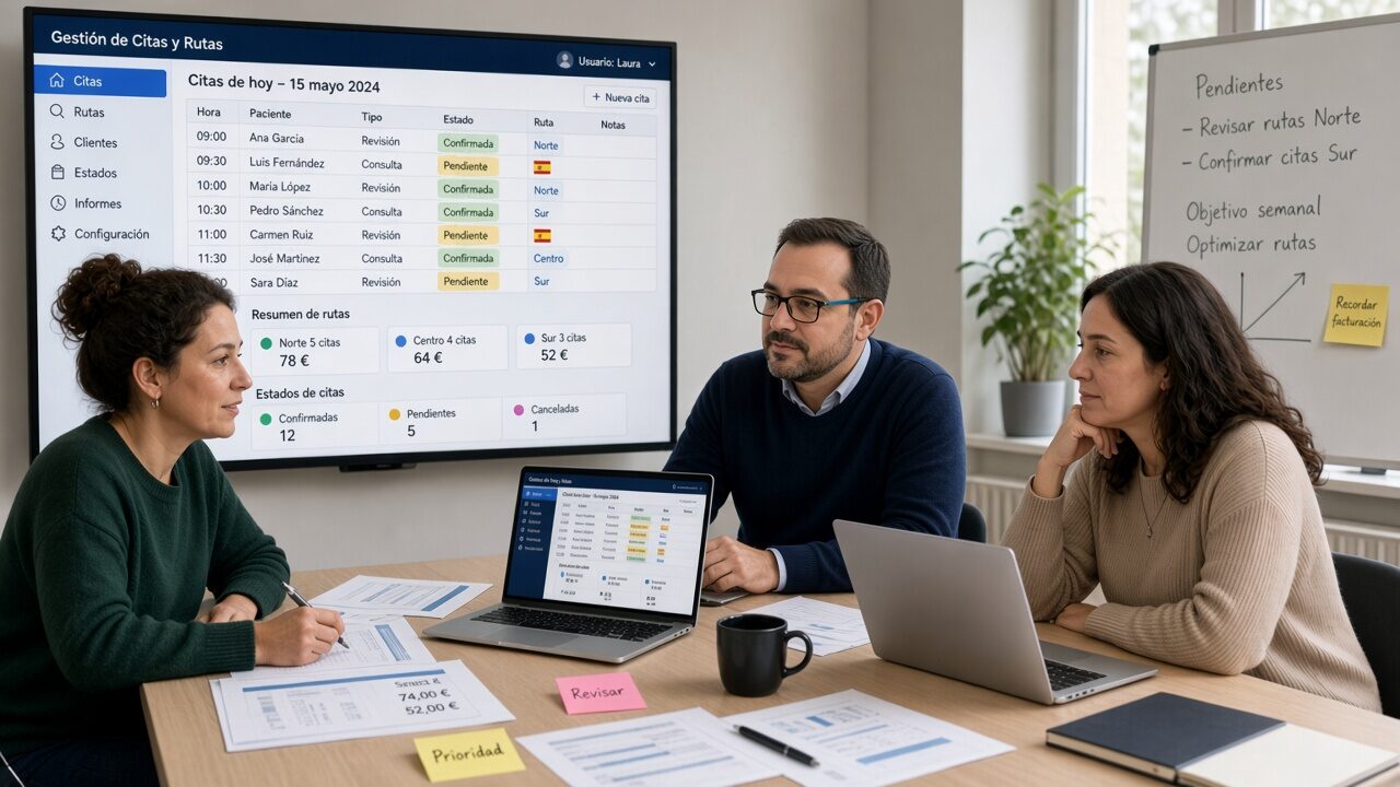 Equipo operativo usando la misma aplicación web en reunión y portátiles