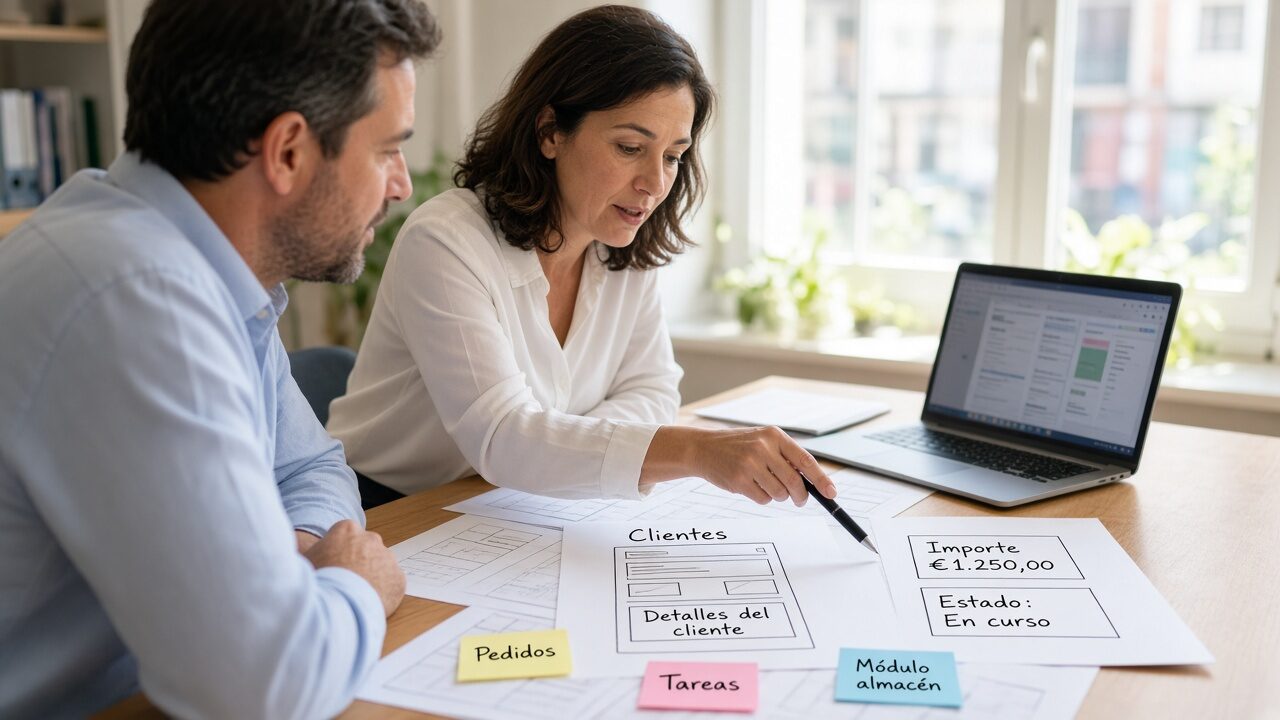 Equipo en oficina revisando un gestor de clientes y pedidos en euros en pantalla grande