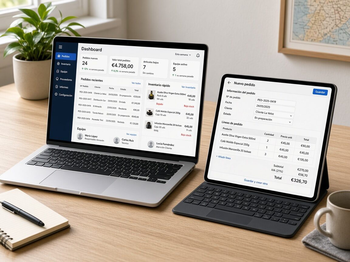 Portátil y tableta con panel interno de pedidos, inventario y equipo