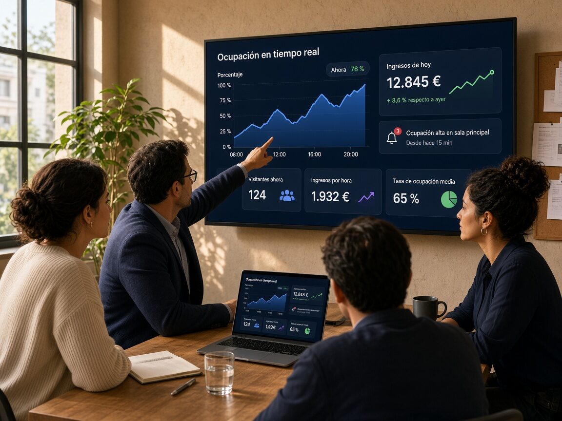 Equipo revisando métricas en vivo en pantalla y portátil