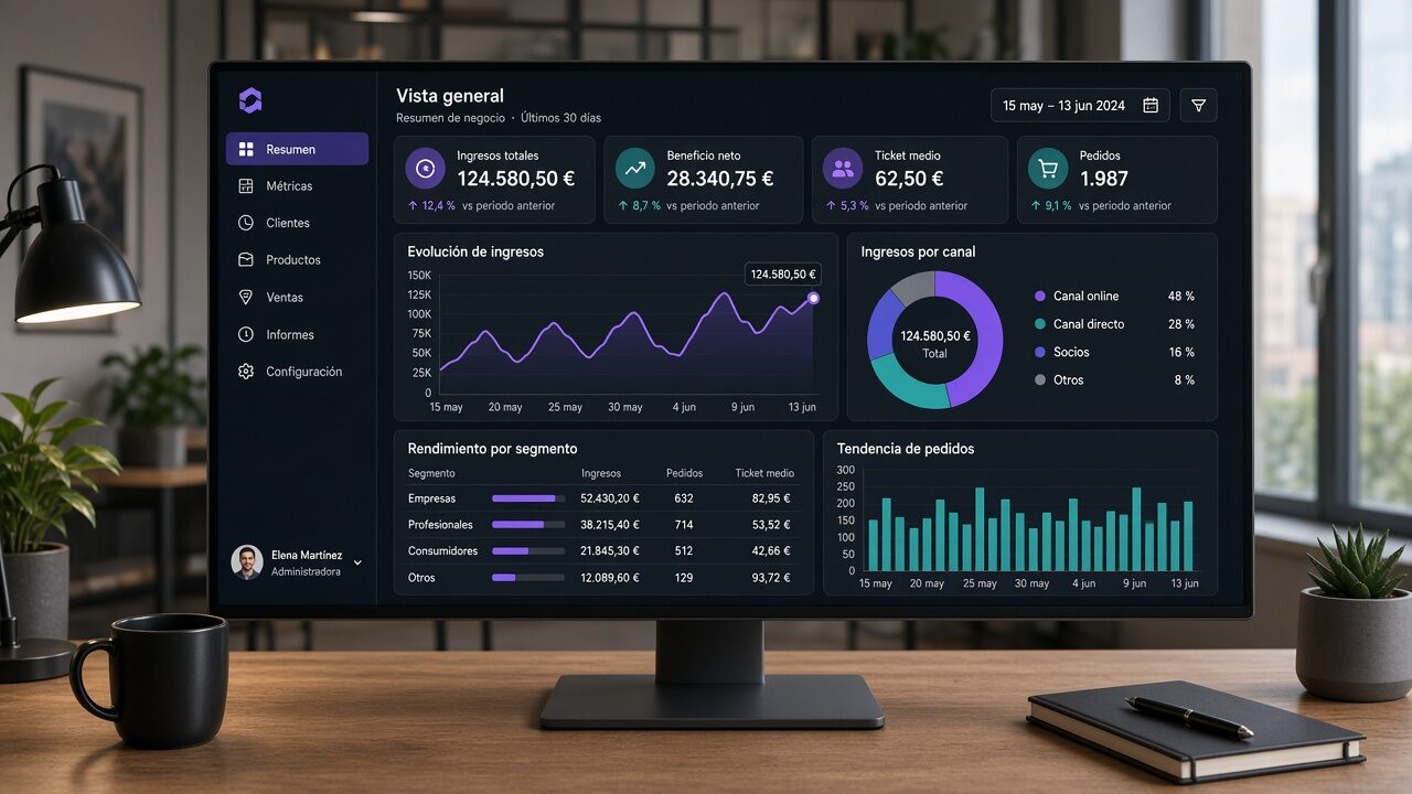 Pantalla grande con panel de indicadores, gráficas y cifras en euros