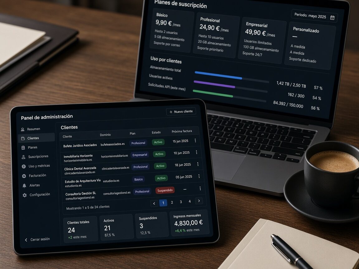 Tableta y portátil con panel multi-cliente, planes y suscripciones en euros