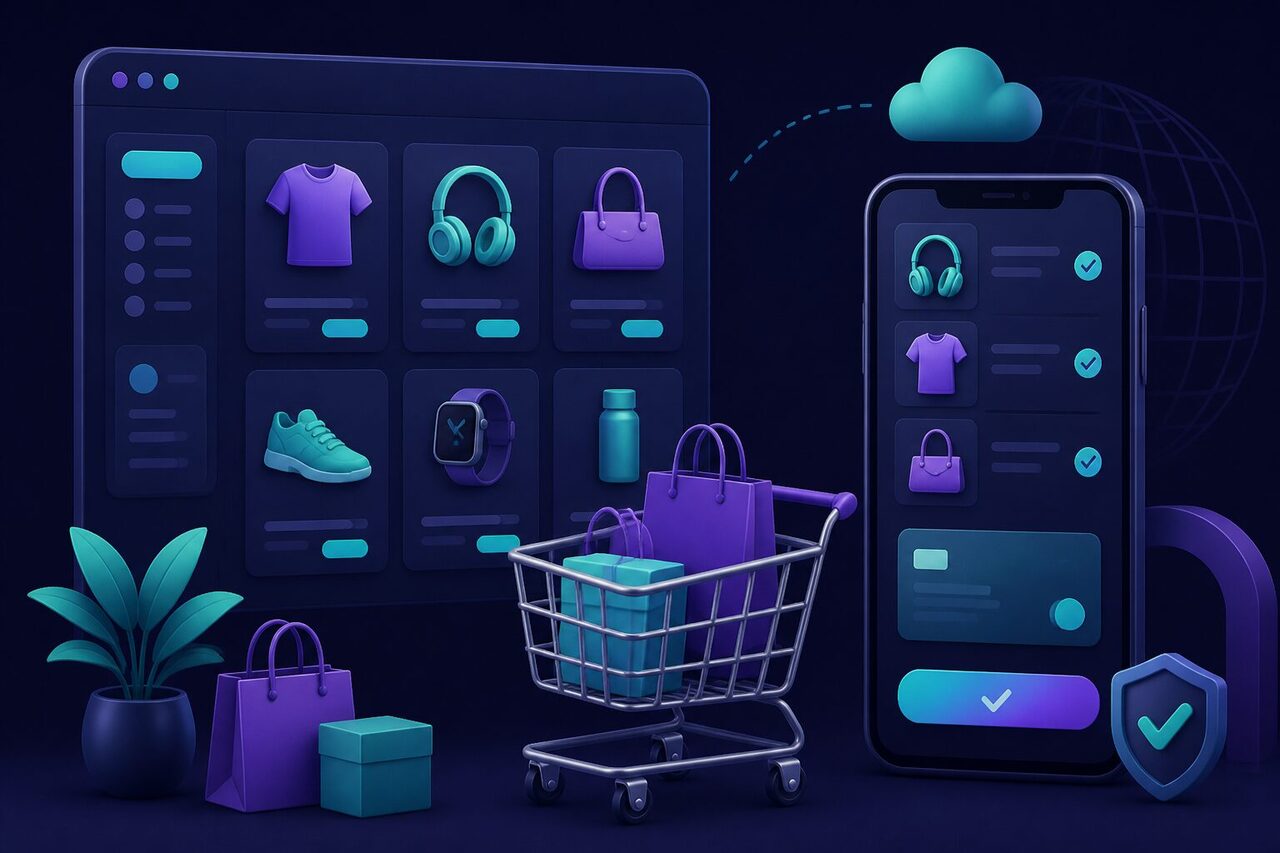 Plataforma de e-commerce conectando tienda, vendedores, pagos, envíos y chat