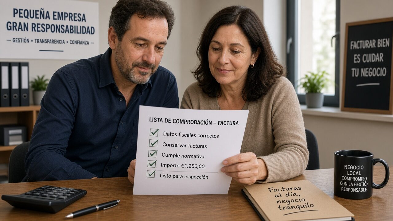 Negocio revisando checklist de datos fiscales y normativa con importes en euros