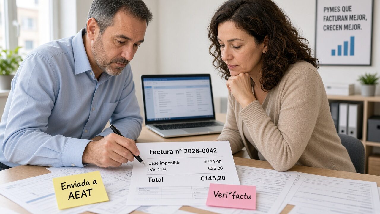Equipo revisando factura con IVA en euros y envío a la AEAT