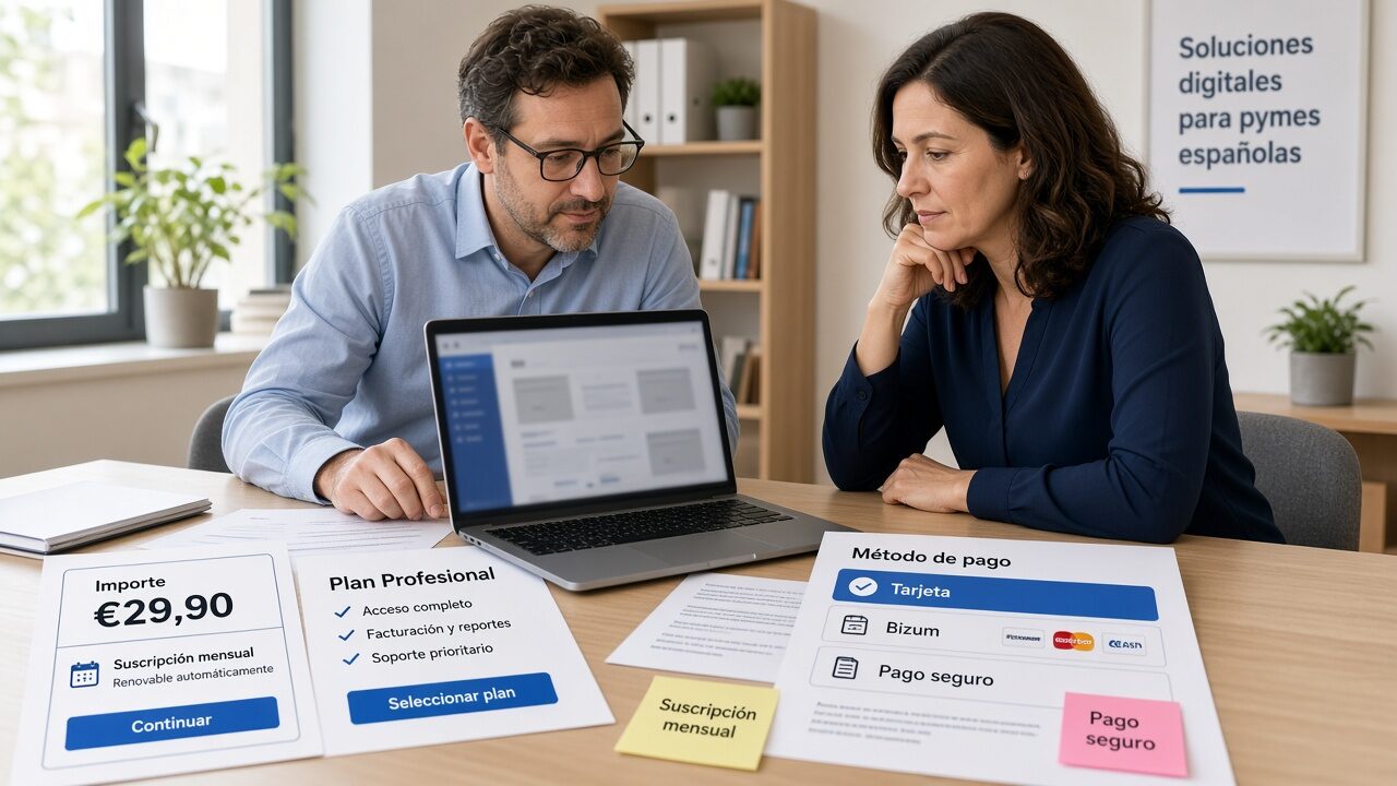Equipo revisando planes de suscripción y métodos de pago en euros