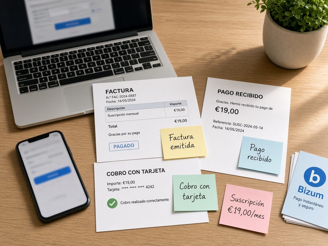 Notas de cobro con tarjeta, Bizum, factura emitida y pago recibido