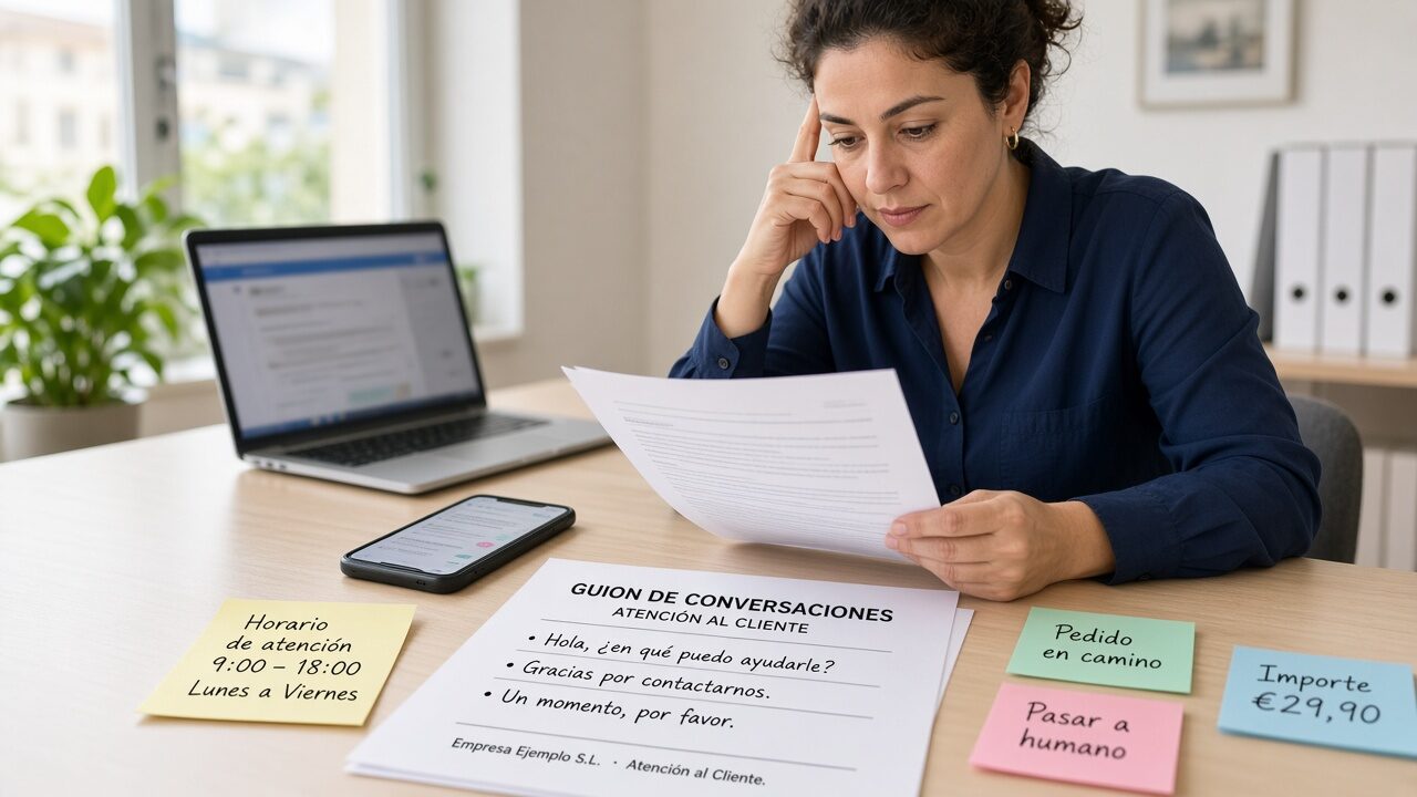 Equipo revisando guiones de atención por WhatsApp en castellano