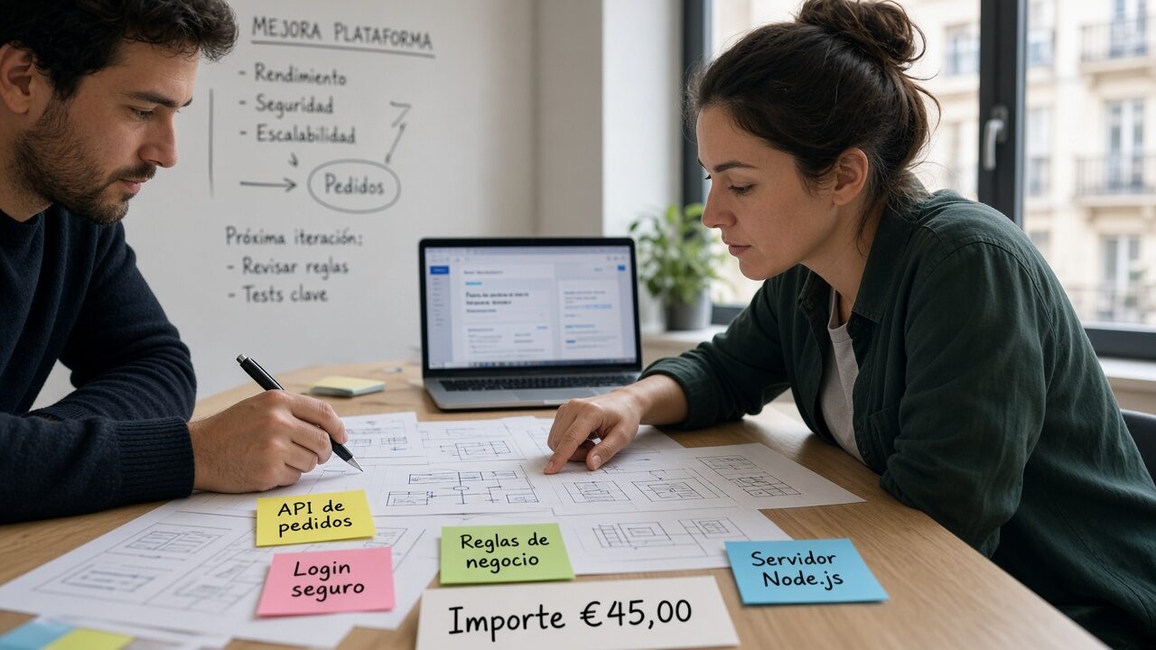 Equipo revisando esquemas de servidor, API y reglas de negocio