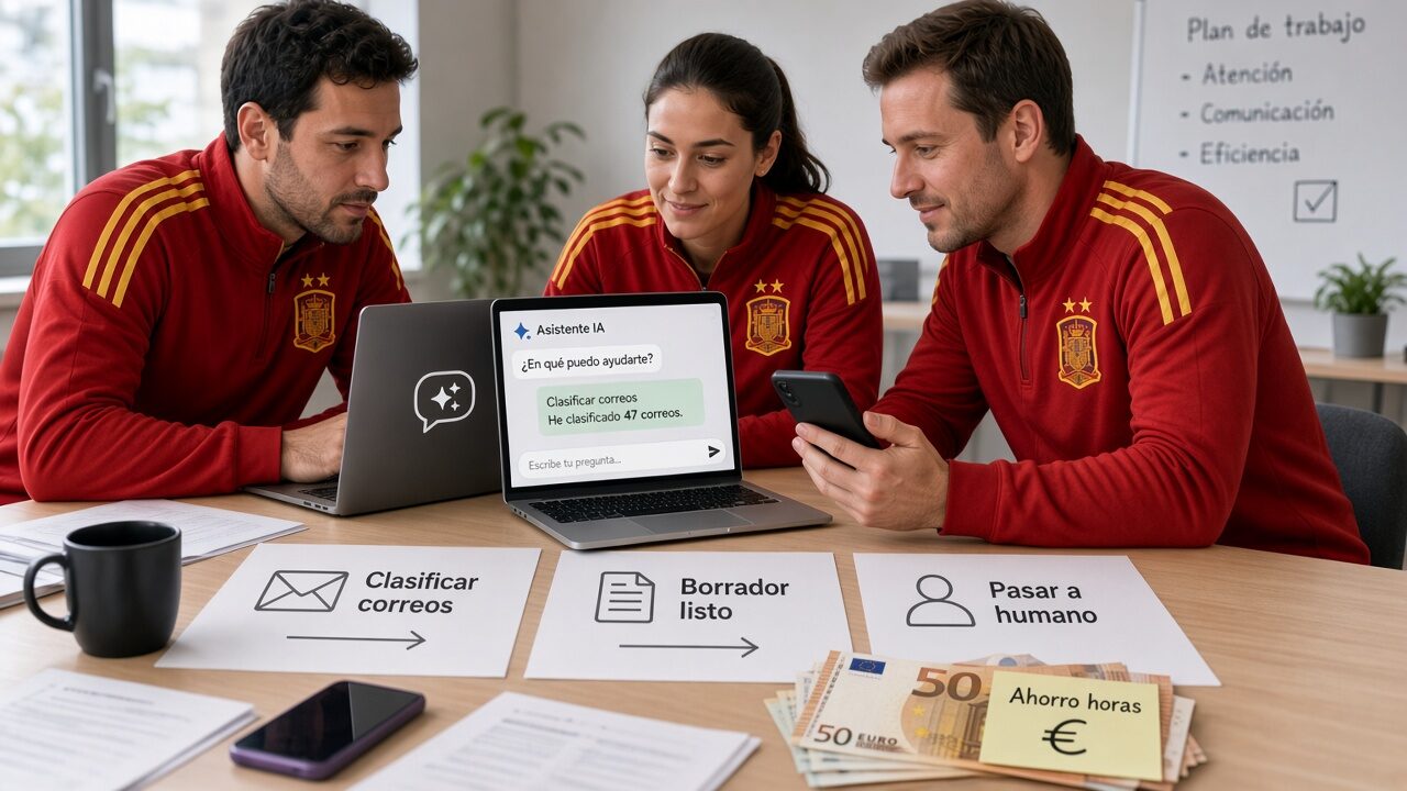 Equipo clasificando correos y revisando borradores preparados por IA
