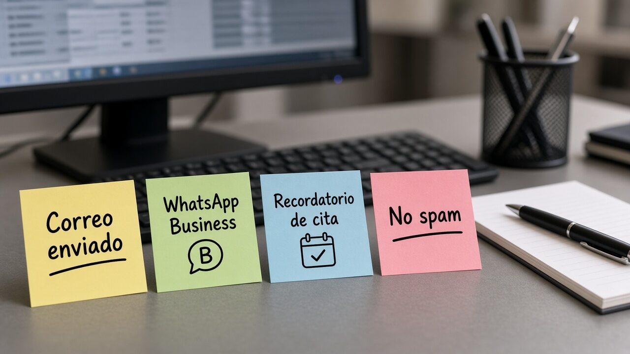 Equipo revisando plantillas de correo y avisos por WhatsApp