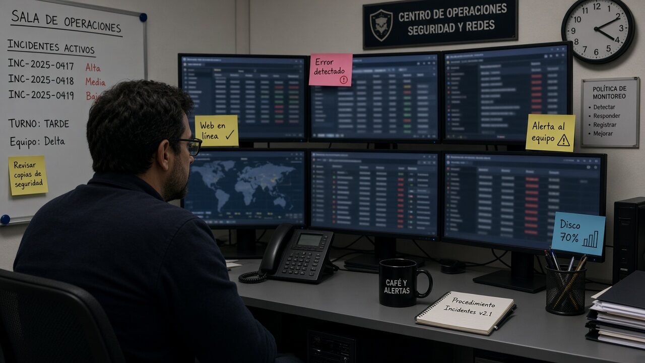 Equipo revisando paneles de disponibilidad, errores y alertas